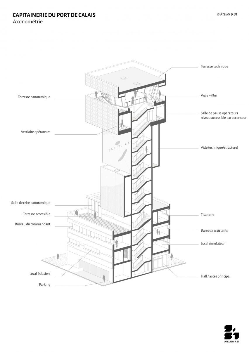 Sectional isometric drawing of the harbour master's office tower in Calais by Atelier 9.81