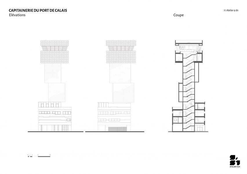 Elevation and section drawings of the harbour master's office tower in Calais by Atelier 9.81