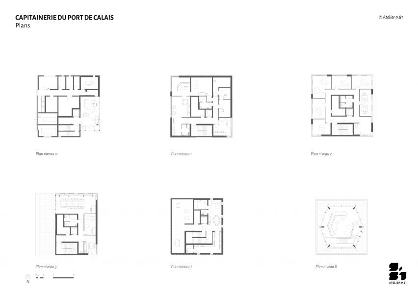 Floor plans of the harbour master's office tower in Calais by Atelier 9.81