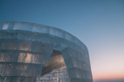 Close-up of an ice-block pavilion