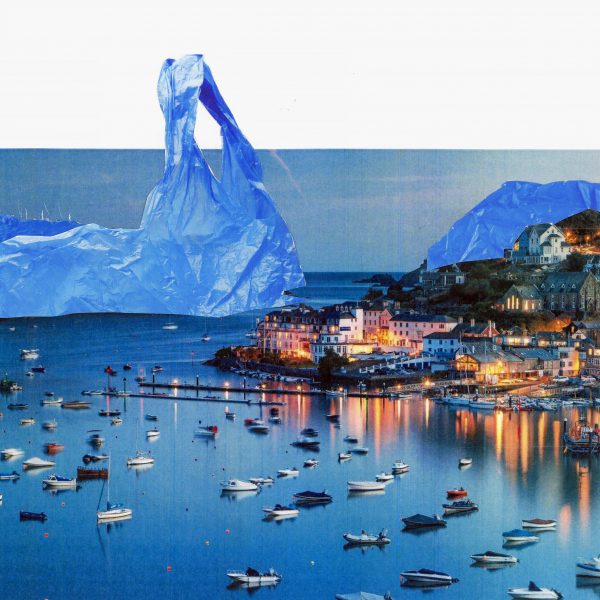 a collage for BA (Hons) Design for Sustainable Futures at Arts University Bournemouth: a coastal town with hills of plastic bag in the background