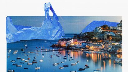 a collage for BA (Hons) Design for Sustainable Futures at Arts University Bournemouth: a coastal town with hills of plastic bag in the background