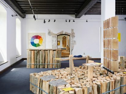 Exhibition display stands built from firewood
