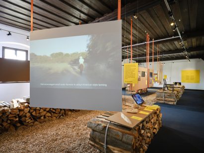 Hanging panel used as a projector backdrop