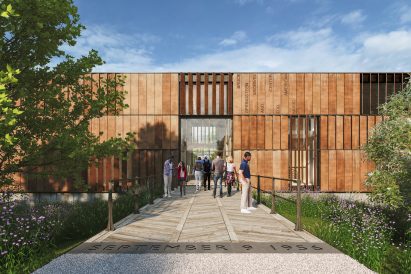 A building clad in weathered steel panels