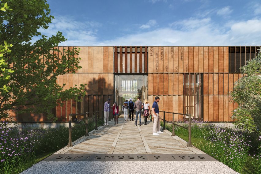 A building clad in weathered steel panels