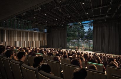 Rendering of theatre seating facing a large window