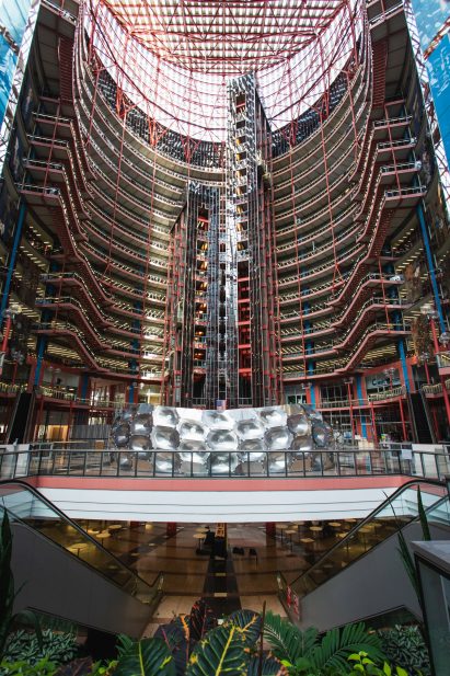 Installation view and atrium of Thompson Center for the Chicago Architecture Biennial