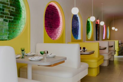 Row of white and yellow double-sided banquettes
