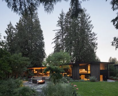 Exterior of mid-century house at twilight