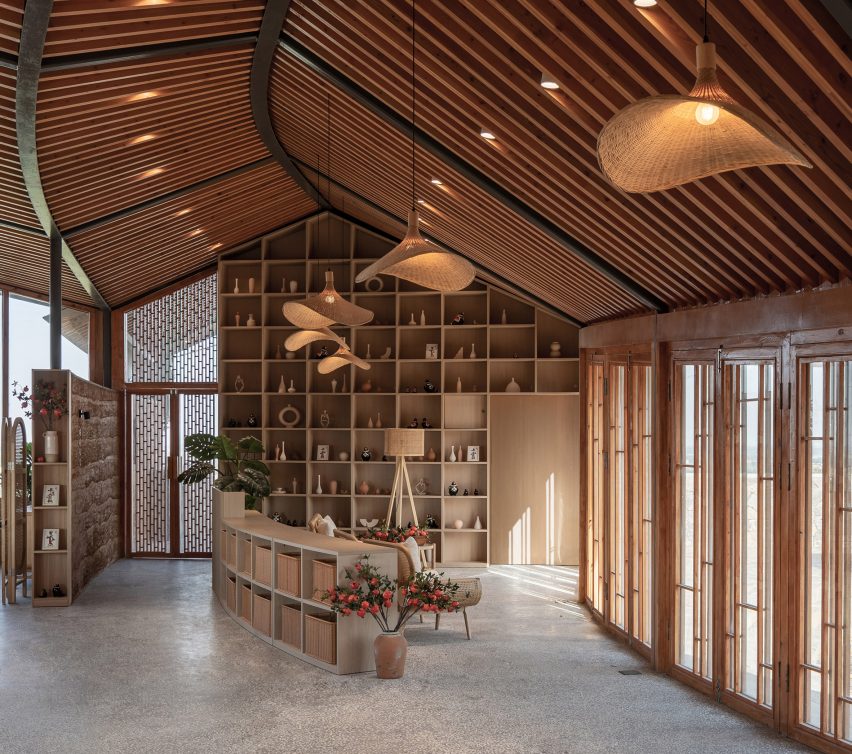 Timber restaurant interior with a pitched roof