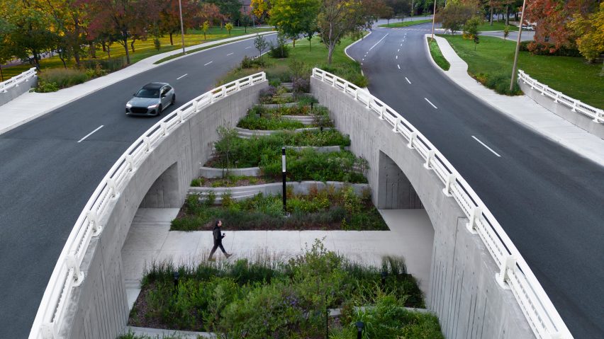 Man walking between underpass median of bridge