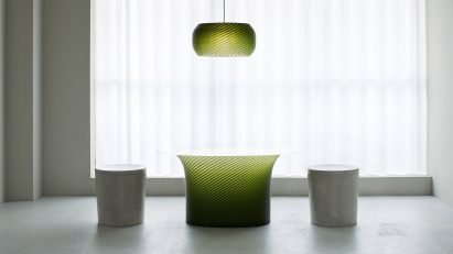 Green table and pendant lampshade at Designart Tokyo