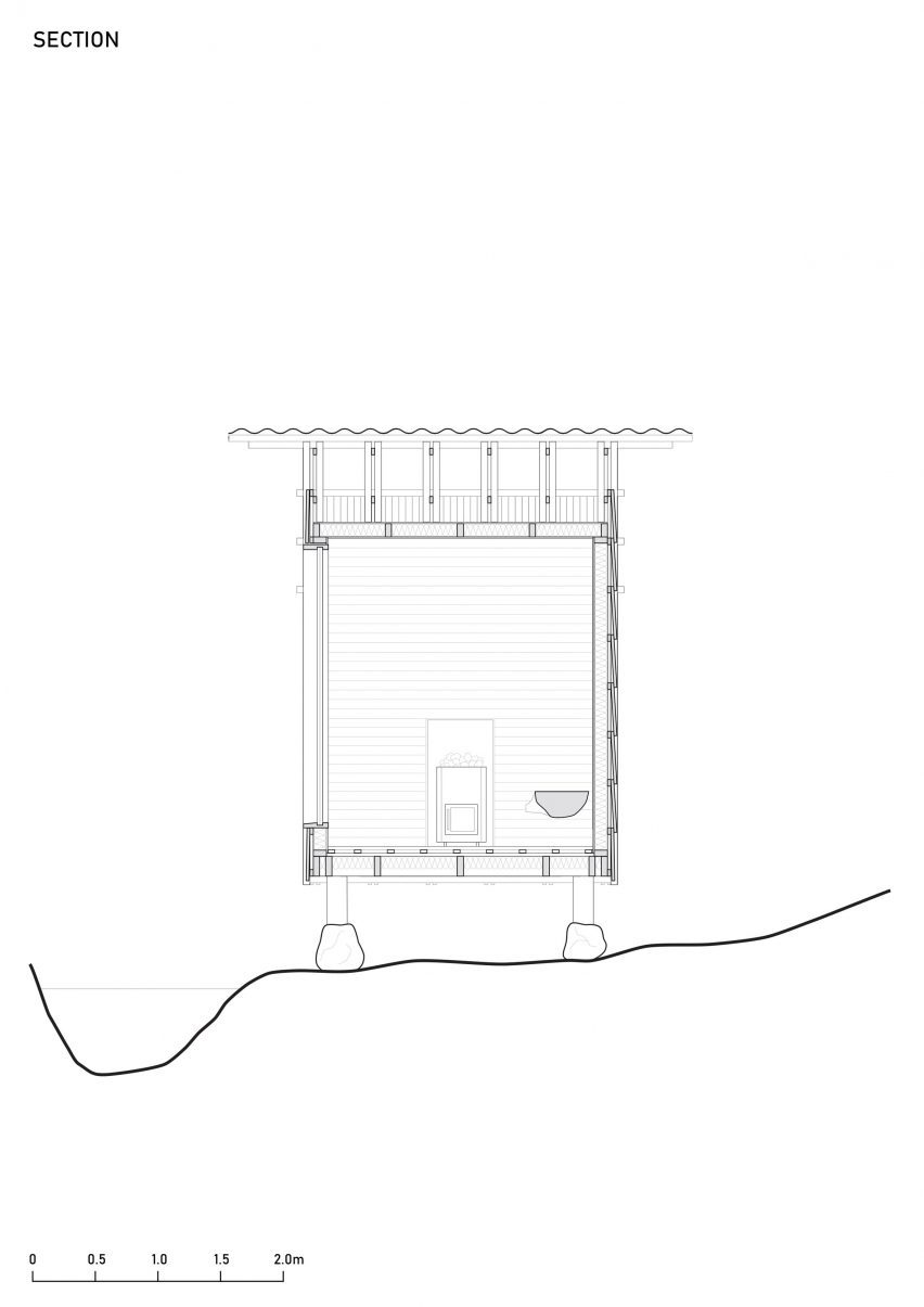 Section drawing of red timber sauna in East Sussex by Built Works