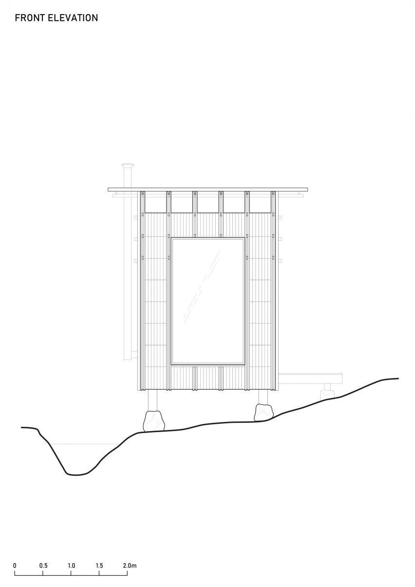 Section drawing of red timber sauna in East Sussex by Built Works