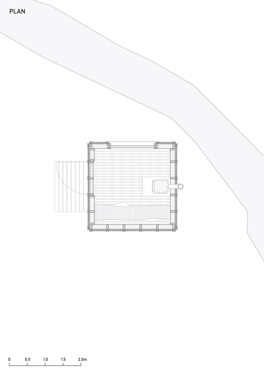 Plan drawing of red timber sauna in East Sussex by Built Works