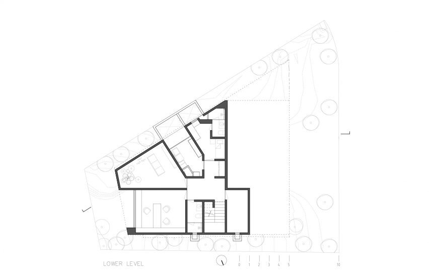 Lower floor plan at Casa Cielo by COA Arquitectura