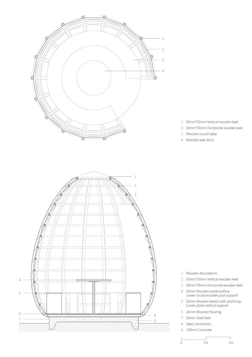 Booth seat section and plan at the Dapi Mountain Restaurant by Galaxy Arch