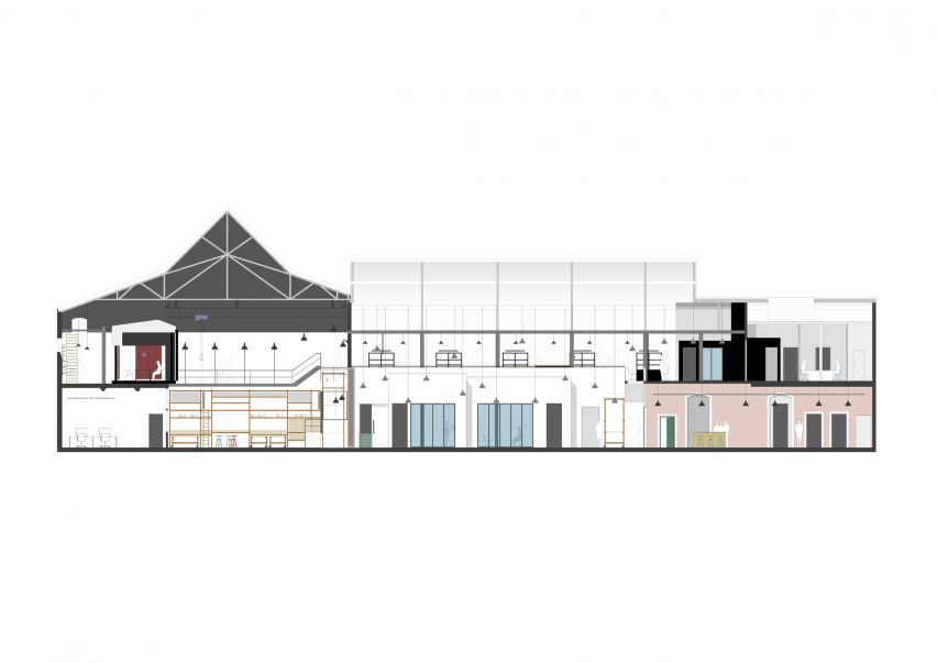 Section drawing of industrial office building by De Winder Architekten