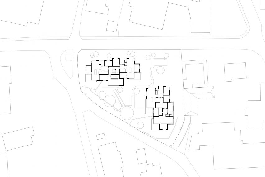 Plan drawing of apartment complex by Ductus in Switzerland