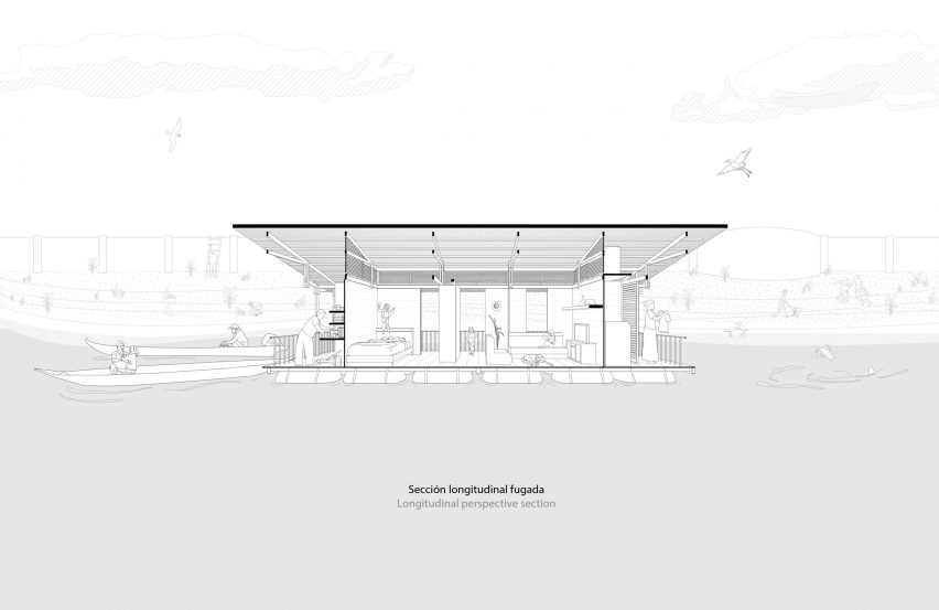 Section drawing of floating house by Natura Futura and Juan Carlos Bamba