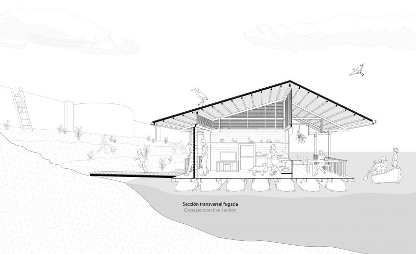 Section drawing of floating house by Natura Futura and Juan Carlos Bamba