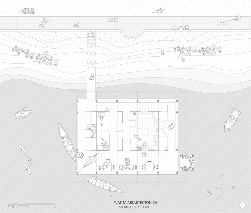 Plan drawing of floating house by Natura Futura and Juan Carlos Bamba