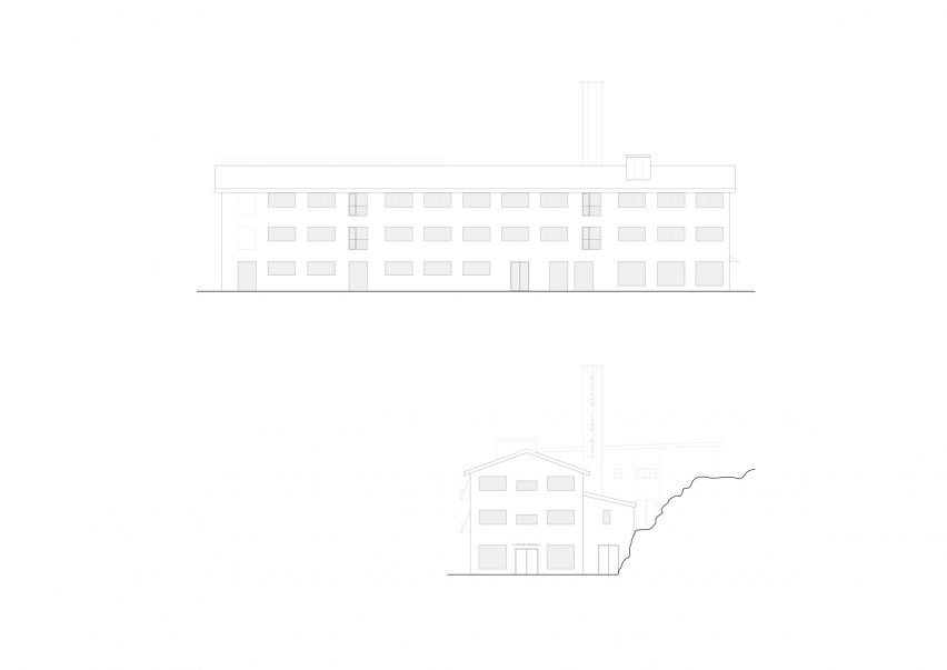 Elevation drawings of the Trevarefabrikken hotel by Jonathan Tuckey Design