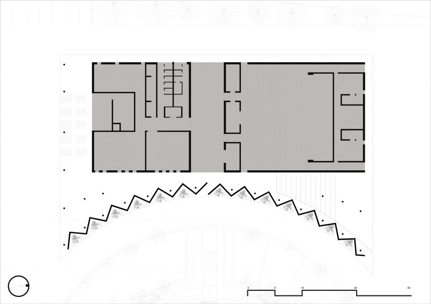 Plan drawing of building block at Vishnuvardhan Memorial Complex by M9 Design Studio