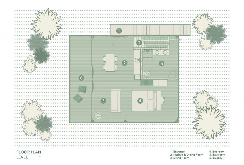 Plan drawing of Treehouse Villas by Stilt Studios