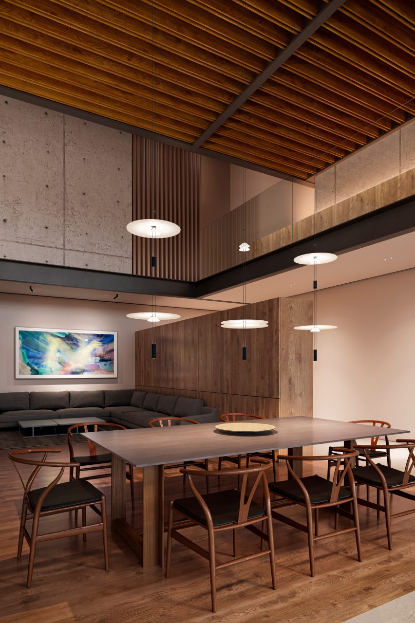 Flamingo Mini lighting by Antoni Arola for Vibia above a dining table