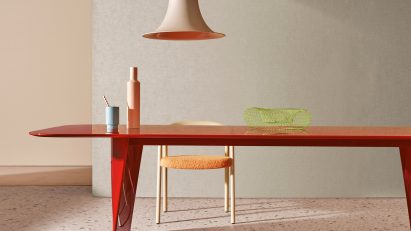 Room set up with Frank table by Pedrali