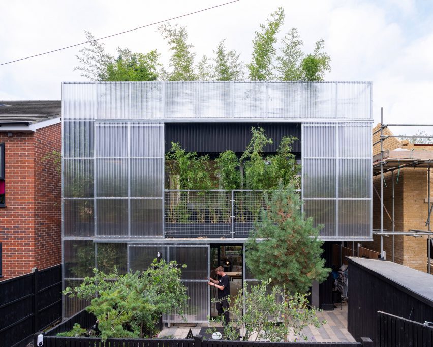 Polycarbonate and bamboo planted facade at Green House by Hayhurst and Co