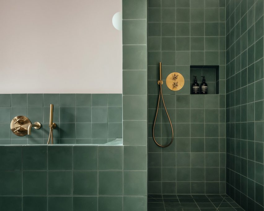 green tiled bathroom