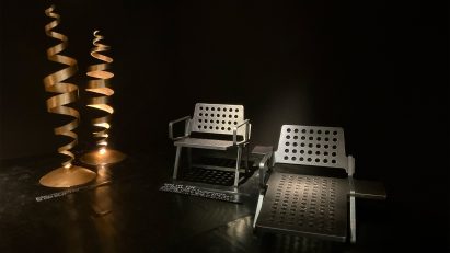 Chairs and sculpture at the Tom Dixon: Metalhead exhibition