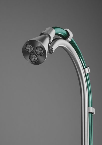 Close-up of shower head with three aerators