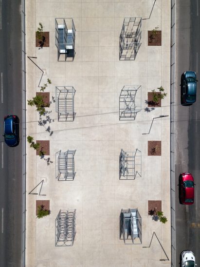 Aerial view of metal playgrounds in linear park