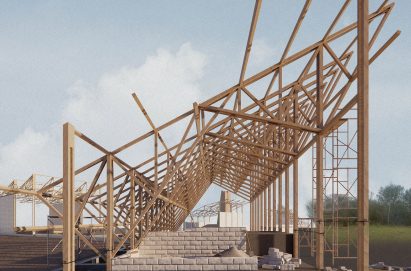 Visualisation showing a skeletal wooden structure