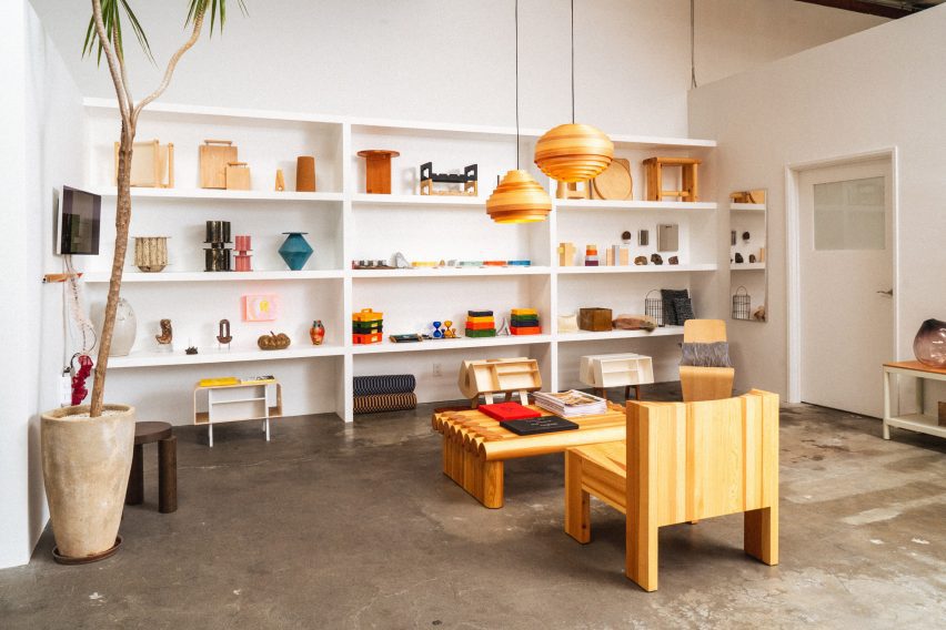 Shelves populated with small design objects