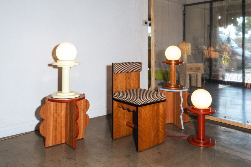wooden stools, tables and lamps