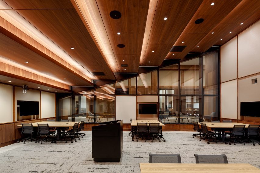 A conference room with slopped ceiling