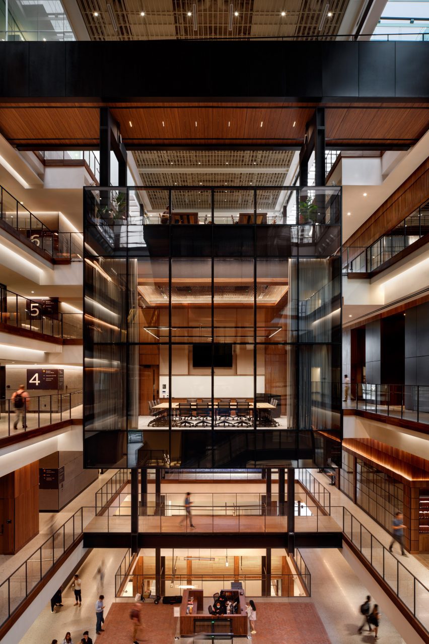 A steel unit in an atrium