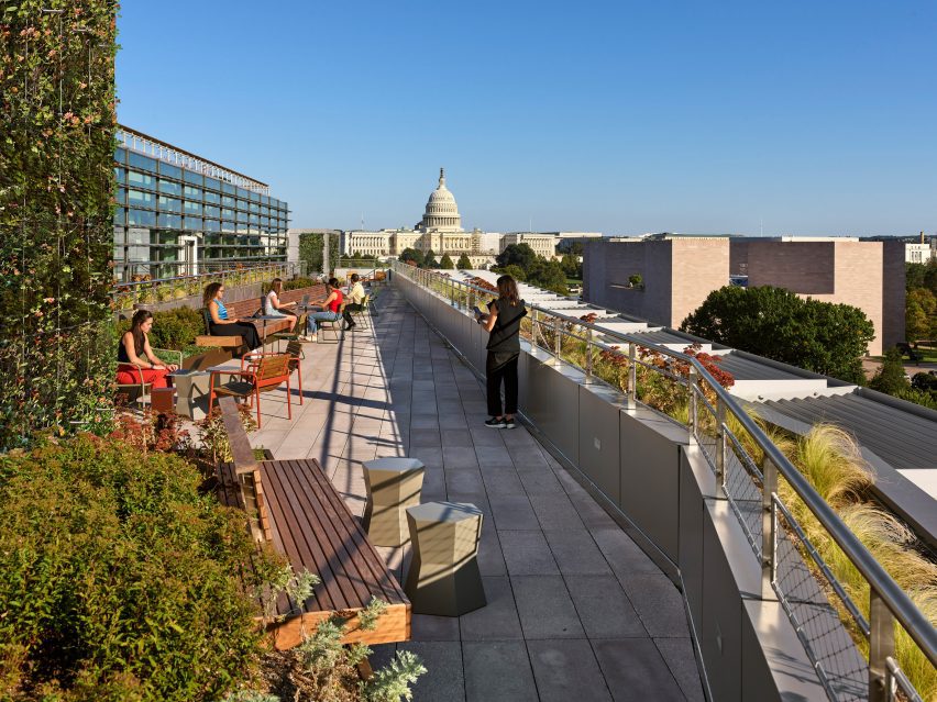 An outdoor terrace overlooking Washington DC