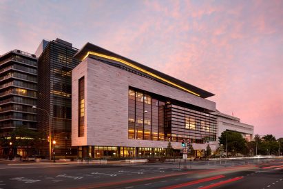 A contemporary building in the setting sun