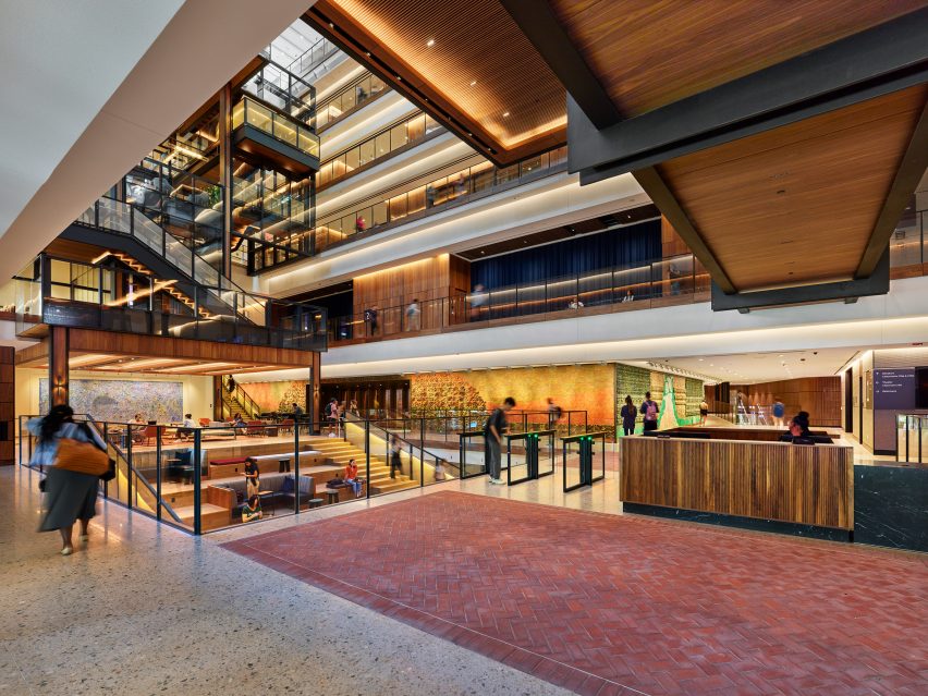 A large lobby with brick flooring