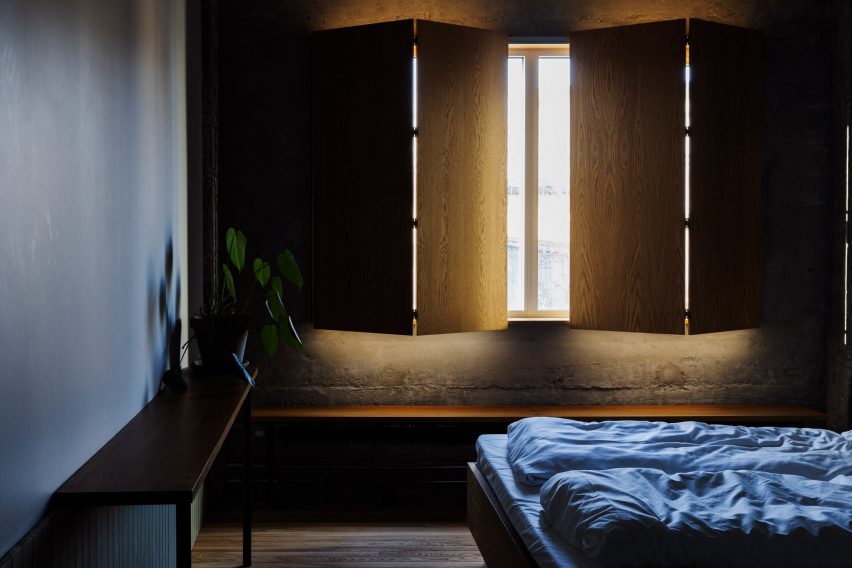 Bedroom interior of the Trevarefabrikken hotel by Jonathan Tuckey Design