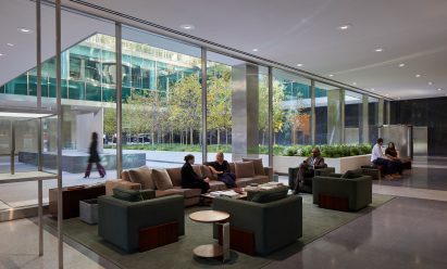 A lobby building with velvet furniture