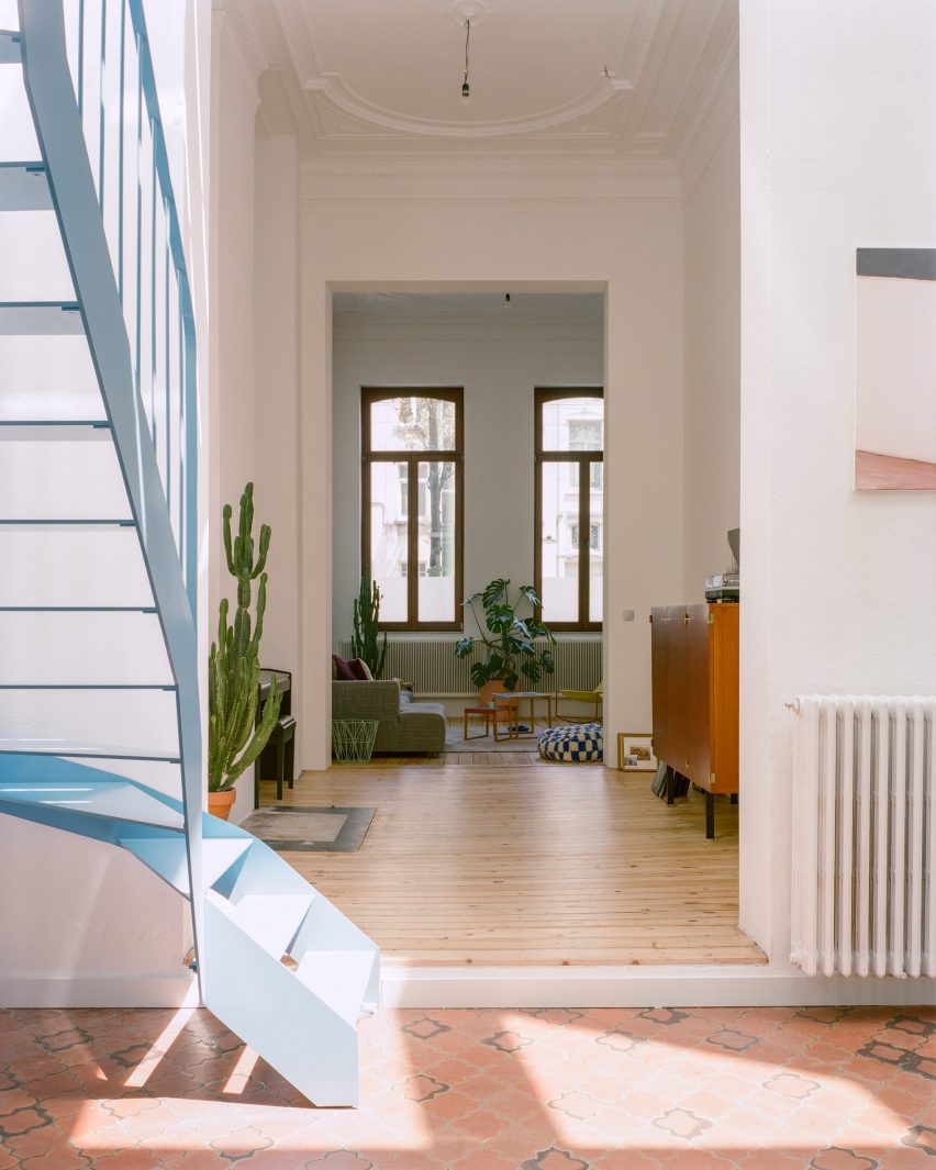 Blue metal staircase in a home