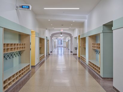 Hallway in school with colourful shelving