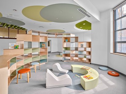 Colourblocked elementary school rooms